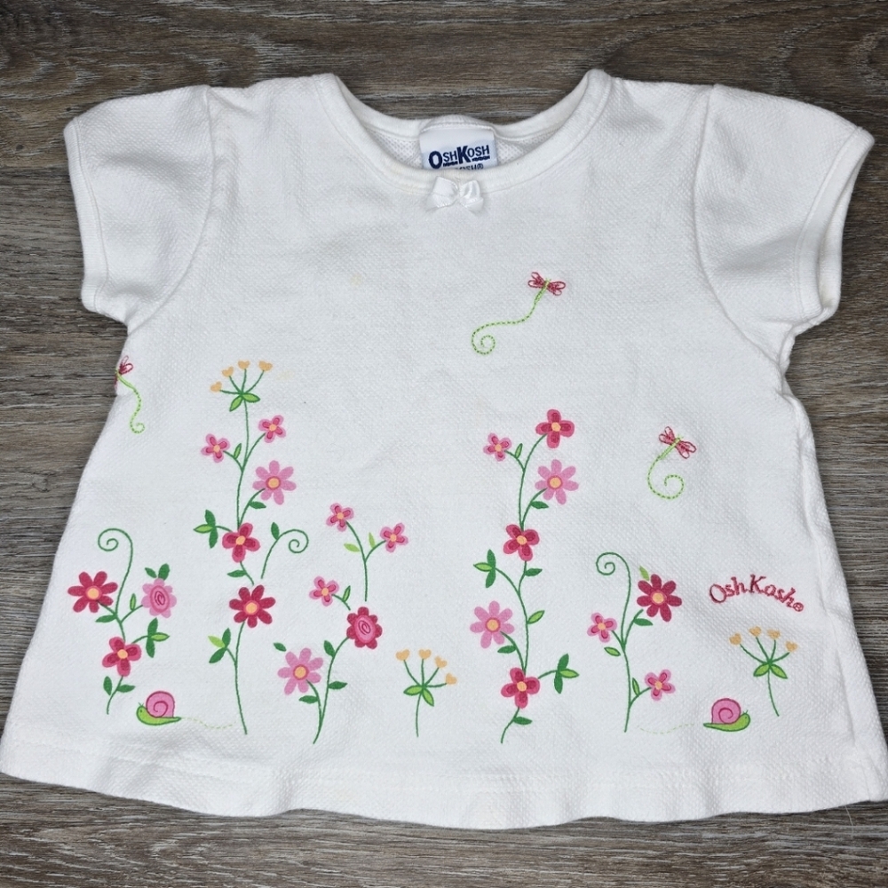 Vintage OshKosh B'gosh White Tee with Pink Floral Design 18 Mos. Made In The USA